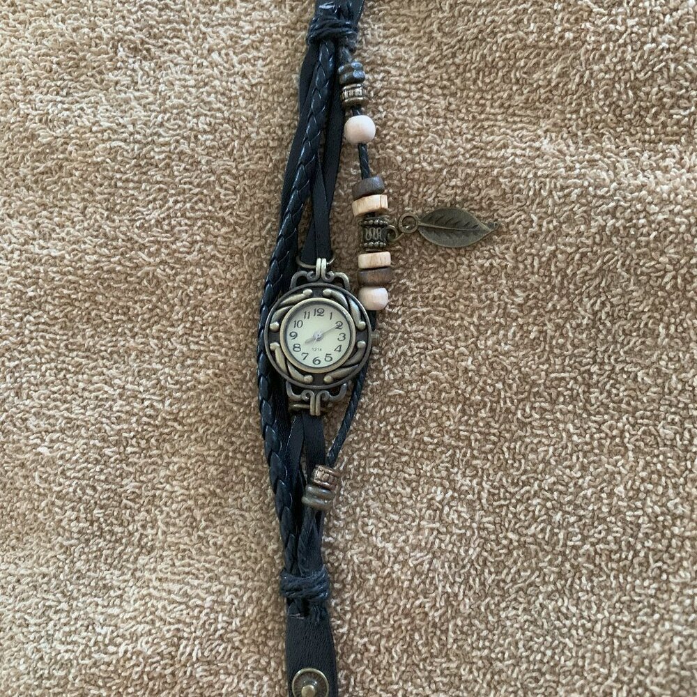 Leather Bracelet Watch w/Leaf Charm